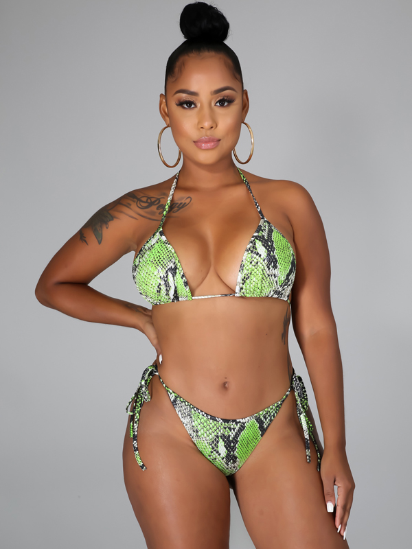 Snake-Print Halterneck Padded Triangles Tie Side Bikini Swimwear